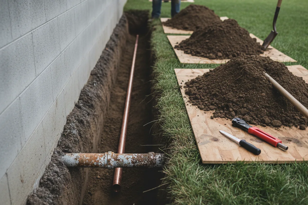 Excavated water line trench during Water Softener Installation in Bristolville